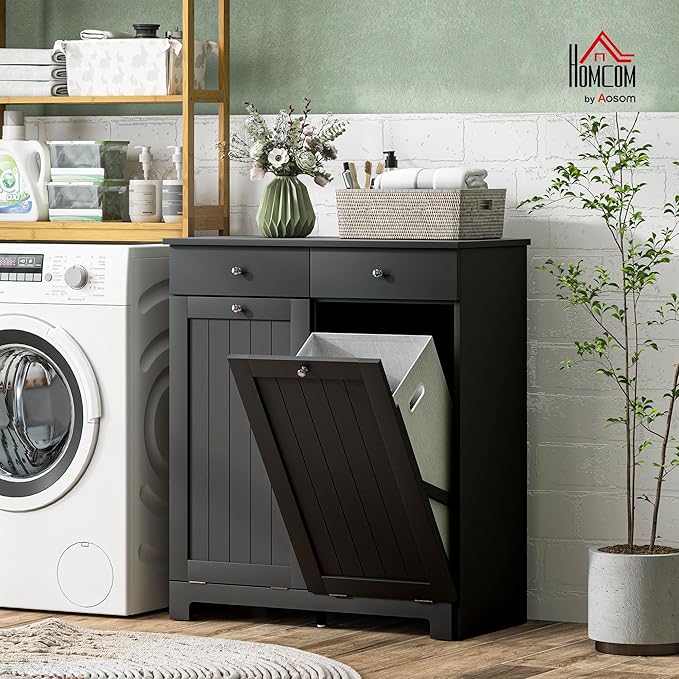 HOMCOM Laundry Hamper Cabinet with 2 Removable Baskets, Tilt Out Laundry Hamper Cabinet with 2 Drawers and 2 Beadboard Doors, Laundry Cabinet Bathroom Storage Cabinet, Black-Ruum Studio Home