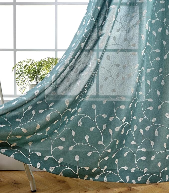 MIUCO Floral Embroidered Semi Sheer Curtains Faux Linen Grommet Window Panel Pair for Bedroom 52 x 63 Inch, Teal-Ruum Studio Home