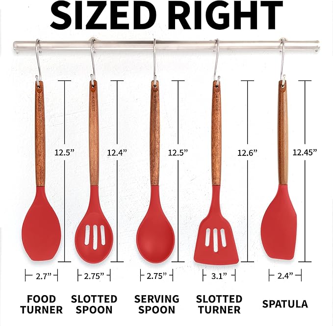 Zulay Kitchen Utensils Set Non-Stick Silicone Cooking Utensils Set with Authentic Acacia Wood Handles - 5 Piece Silicone Utensil Set - Silicone Kitchen Utensils Set with 464°F Heat Resistance - Red-Ruum Studio Home