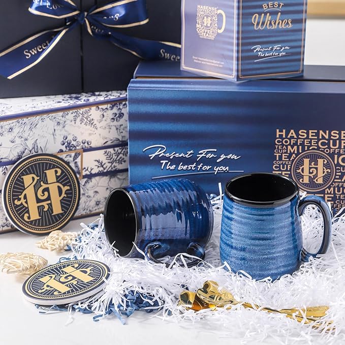 Hasense Coffee Mugs Set of 2, 12oz Ceramic Glazed Mugs with Handles, Blue Reactive Glazes Tea Cups Gift Set for Men and Women, Includes Gold Spoon & Coaster-Ruum Studio Home