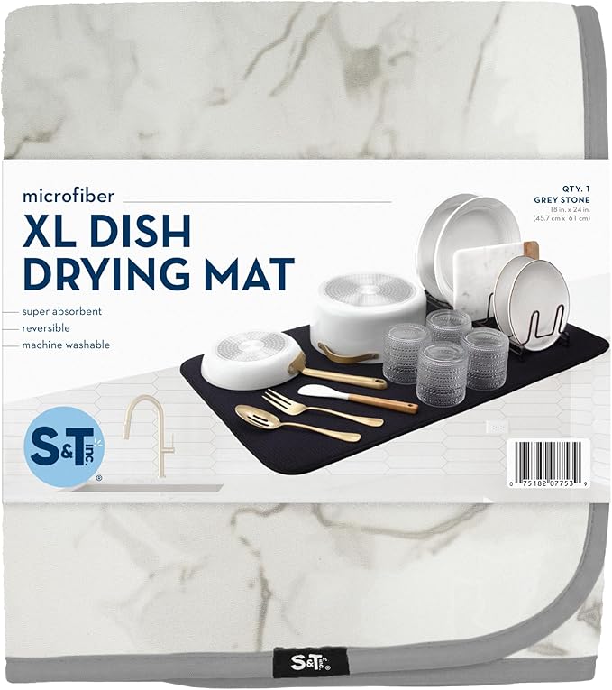 S&T INC. Dish Drying Mat XL, 18” x 24”, Absorbent Microfiber Kitchen Counter Mat, Dish Drying Pad for Dishes, Utensils, Pots and Pans, Extra Large, Grey Stone-Ruum Studio Home