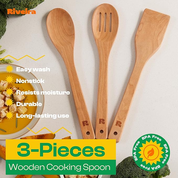 Riveira Cherry Wooden Spoons for Cooking Set of 3 – Natural Cherry Wooden Cooking Utensils, Wooden Spatula, Wooden Spoon - Premium Quality Wooden Utensil Set for Non-Toxic Cooking-Ruum Studio Home