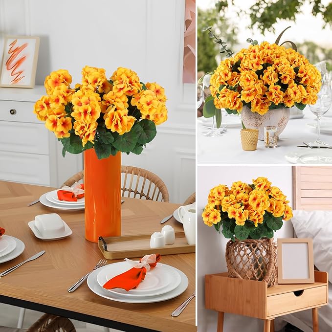 Hananona 12 Pcs Artificial Geranium Flowers for Outdoors Geranium Silk Yellow Flowers Outdoor UV Resistant Garden Plants Faux Fall Flower for Home Kitchen Table Centerpieces Decor (12, Yellow)-Ruum Studio Home