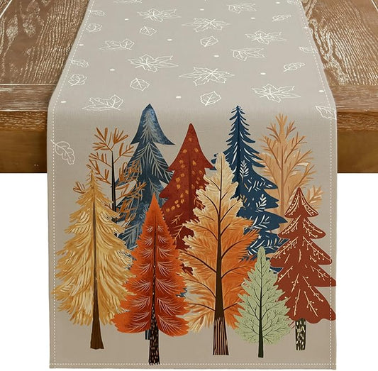 GEEORY Fall Watercolor Trees & Maple Leaves Table Runner 13x72 Inch, Rustic Farmhouse Autumn Thanksgiving Decor for Kitchen, Dining, Indoor/Outdoor Holiday Dinner Party Orange Grey GT159-72-Ruum Studio Home