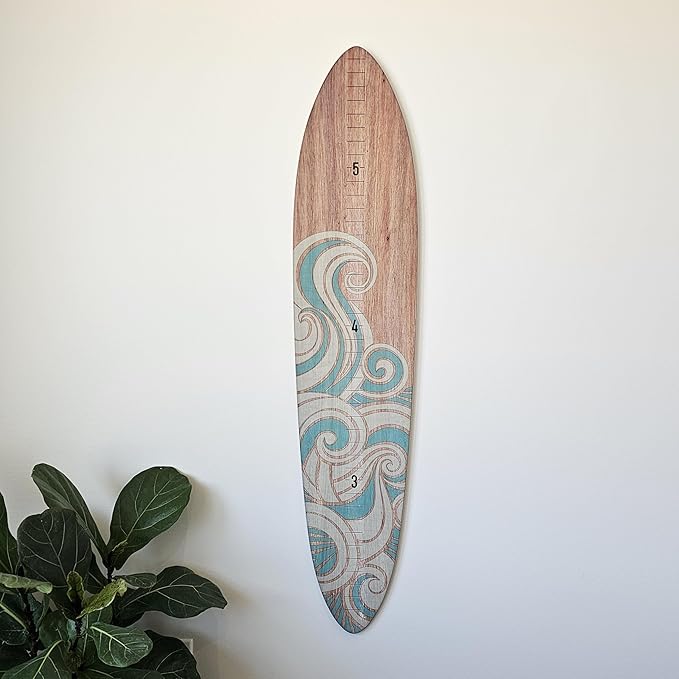 Wooden Surfboard Wall Decor Growth Chart - Surf Board Decor for Kids Room, Wooden Growth Chart for Wall, Surfboard Wall Art, Surfboards for Decoration - Teal Wave (9.5"x 45")-Ruum Studio Home