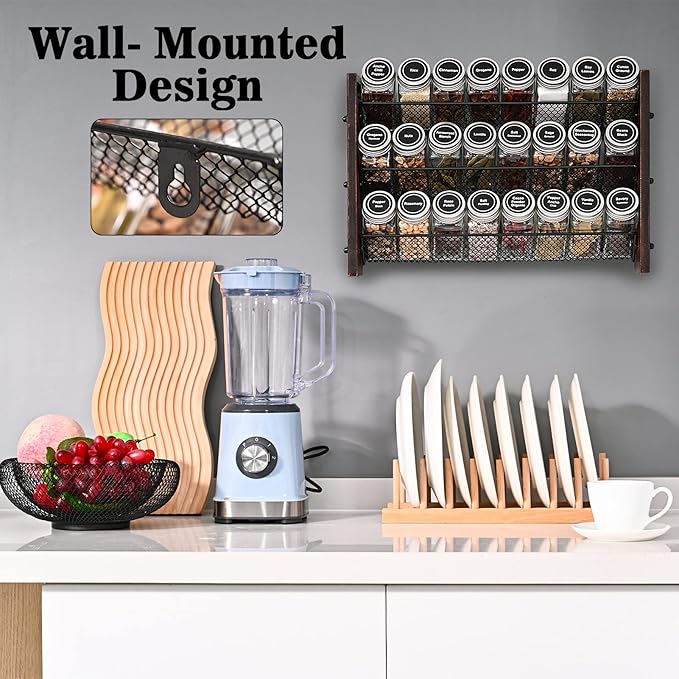 Spice Rack Organizer for Cabinet, Spice Organizer with 24 Empty Spice Jars, 180 Spice Labels, Wooden Spice Jar Organizer, Seasoning Organizer for Cabinet Kitchen, Pantry, Countertop or Wall Mount-Ruum Studio Home