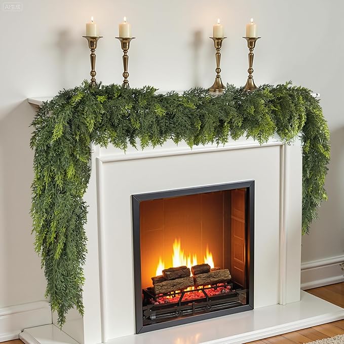 9 ft Christmas Garland, Cedar Garland, Real Touch Cypress Garlands, Green Artificial Greenery Garland for Mantel Indoor Outdoor Christmas Decorations-Ruum Studio Home