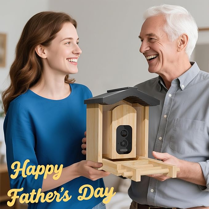 Bird Feeder with Camera, Smart Bird Feeder for Outdoors, Wild Birds Feeders with Solar Panel Bamboo Birds House Camera for Birdlovers, AI Auto Capture Birds & Real-time Notification (Gable)-Ruum Studio Home