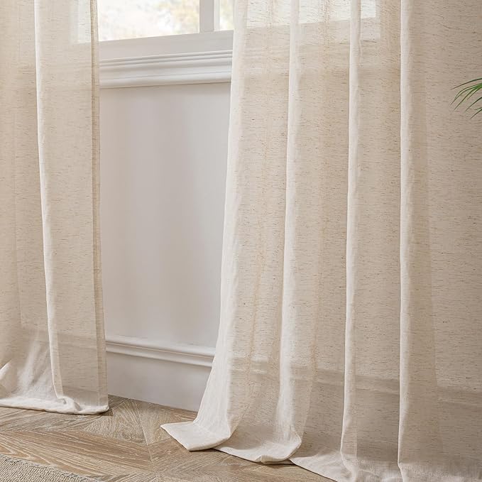 FMFUNCTEX Linen Sheer Curtains for Bedroom, Taupe Curtains 96 inches Long for Living Room, Brown Farmhouse French Flax Blend Window Draperies, Rod Pocket 2 Panels Set-Ruum Studio Home