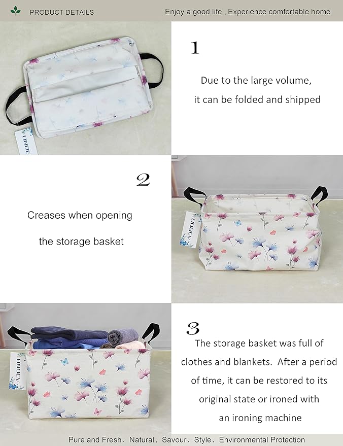 Rectangular Folding Laundry Basket,waterproof Canvas Basket,gift basket,Suitable for children's room,Office,Clothes,Toys Storage(Watermark flower)-Ruum Studio Home