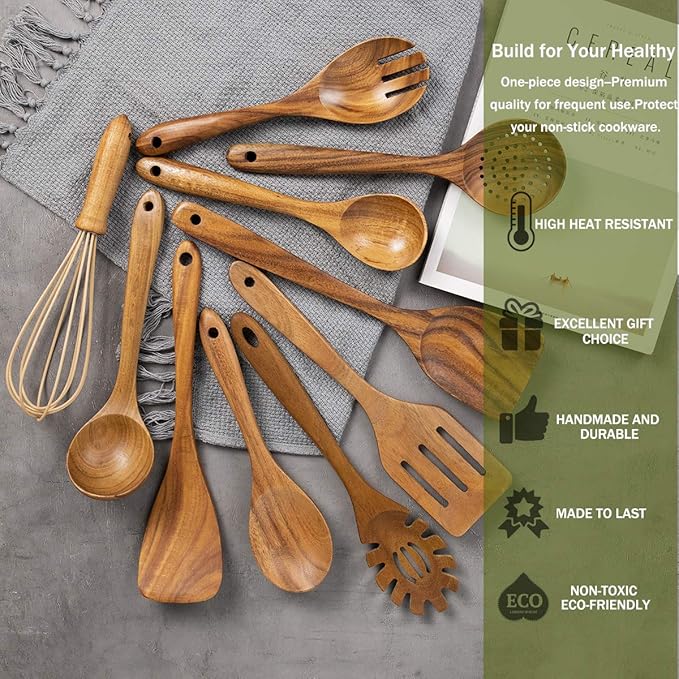 AIUHI 10 Pack Wooden Spoons for Cooking, Teak Wood Kitchen Utensils Set for Non Stick Use, Spatula Set for Stirring, Baking, Non Stick Wooden Utensils for Kitchen-Ruum Studio Home