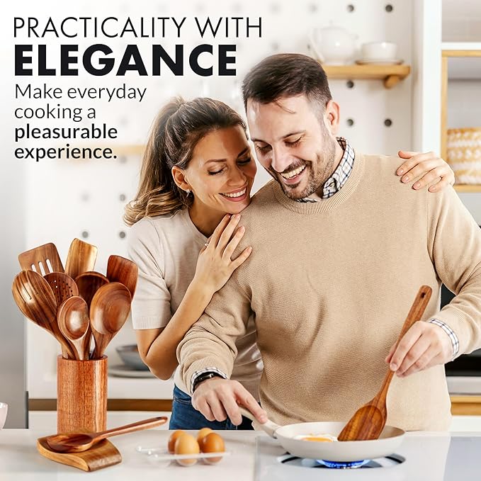Zulay Kitchen 10-Piece Wooden Spoons for Cooking - Smooth Finish Teak Wooden Utensils for Cooking - Soft Comfort-Grip Wood Spoons for Cooking - Non-Stick Wooden Cooking Utensils - Wooden Spoon Sets-Ruum Studio Home