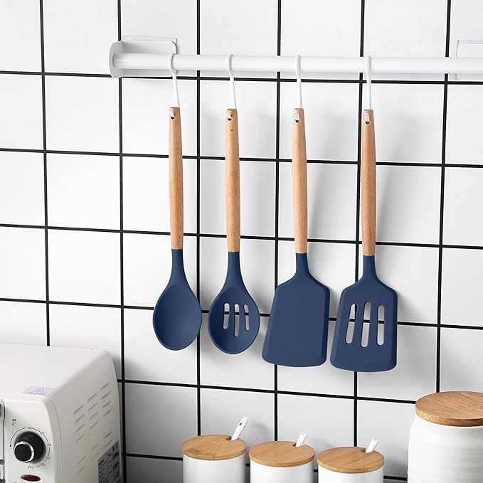 Country Kitchen Non Stick Silicone Utensil Set with Rounded Wood Handles for Cooking and Baking, 14 Piece Set, Navy-Ruum Studio Home