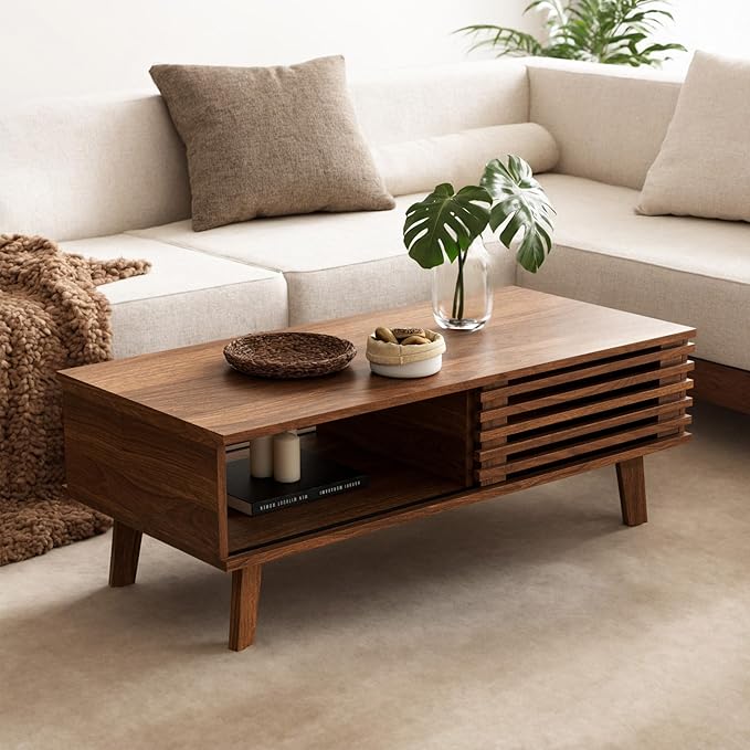 Mid Century Coffee Table with Storage & Sliding Fence Door, Modern Coffee Tables for Living Room, Walnut Finish-Ruum Studio Home