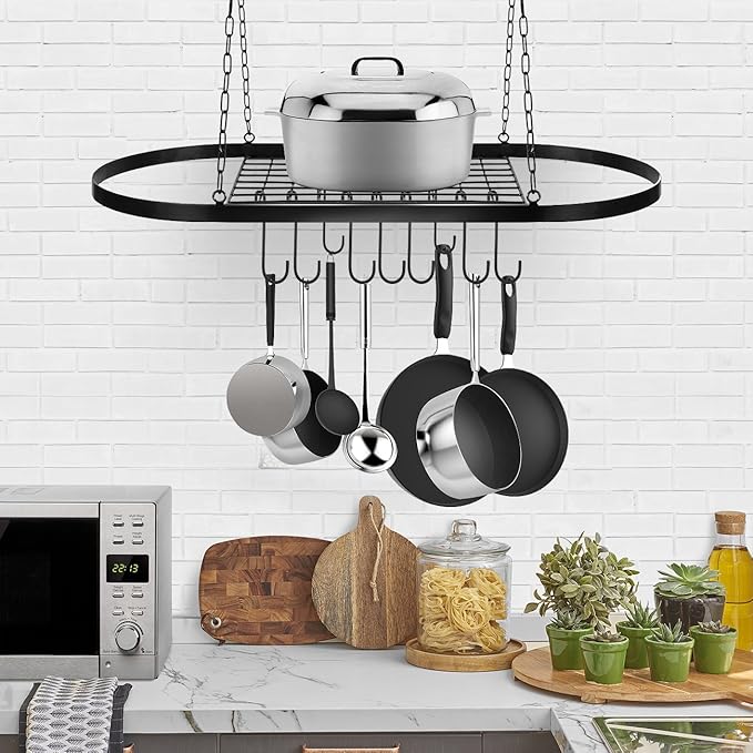 Sorbus® Pot and Pan Rack for Ceiling with Hooks — Decorative Oval Mounted Storage Rack — Multi-Purpose Organizer for Home, Restaurant, Kitchen Cookware, Utensils, Books, Household (Hanging Black)-Ruum Studio Home