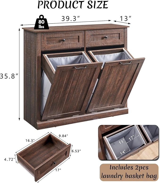 Double Tilt Out Laundry Hamper Cabinet, 20 Gallon Farmhouse Trash Can Cabinet with Drawer, Hidden Wood Garbage Can Bin Cabinet with Laundry Storage Basket for Bathroom, Kitchen, Brown-Ruum Studio Home