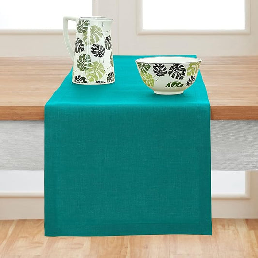 Solino Home Linen Table Runner 36 Inches - 100% Pure Linen Teal Table Runner 14 x 36 Inch Ideal for Dresser and Coffee Tables - Fete-Ruum Studio Home