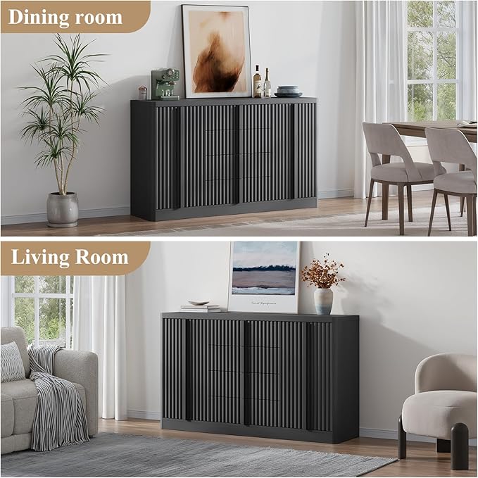 Buffet Cabinet with Storage, 60" Fluted Coffee Bar with 4 Drawers & 2 Doors, Modern Sideboard Buffet with Solid Wood Handle, Credenza Storage Cabinet for Living Room Kitchen Dining Room, Black(1PCS)-Ruum Studio Home