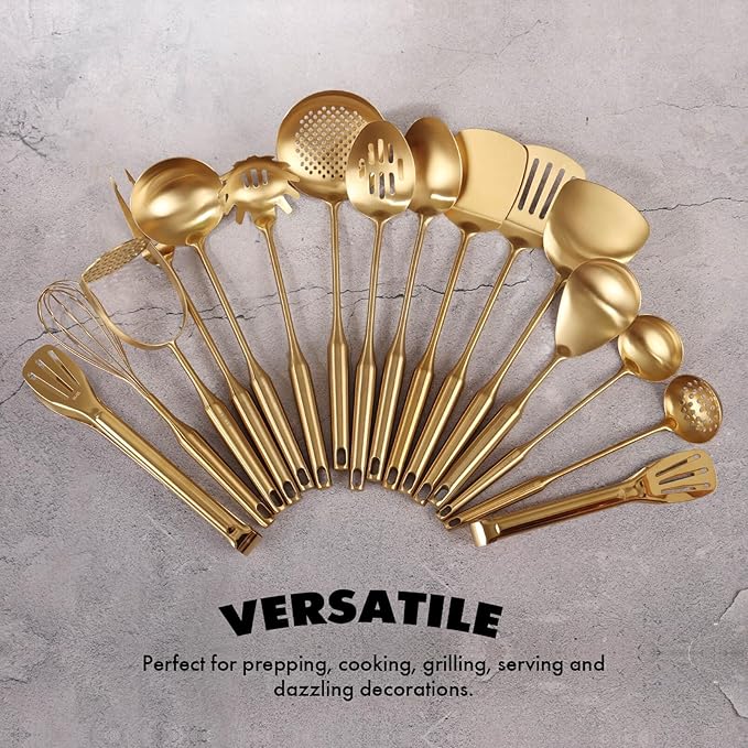 Gold Cooking Utensils Set - 18/10 Stainless Steel Large and Small Spoons Set, 16 PCS All Metal Kitchen Tools, Serving Utensils - Whisk, Masher, Fork, Tongs, Spatula, Ladle, Skimmer, Turner, Pasta-Ruum Studio Home
