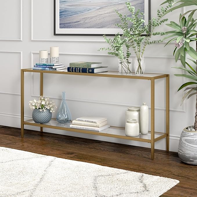 Henn&Hart 64" Wide Rectangular Console Table with Glass Shelf in Brushed Brass, Entryway Table, Accent Table for Living Room, Hallway-Ruum Studio Home