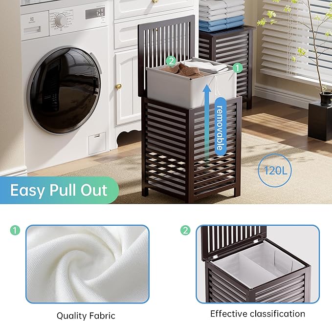 SMIBUY Double Laundry Hamper with Lid, 120L Bamboo Laundry Basket with Removable Liner Bag, 2-Section Clothes Divider Laundry Sorter for Laundry Room, Bathroom, Bedroom (Dark Brown)-Ruum Studio Home