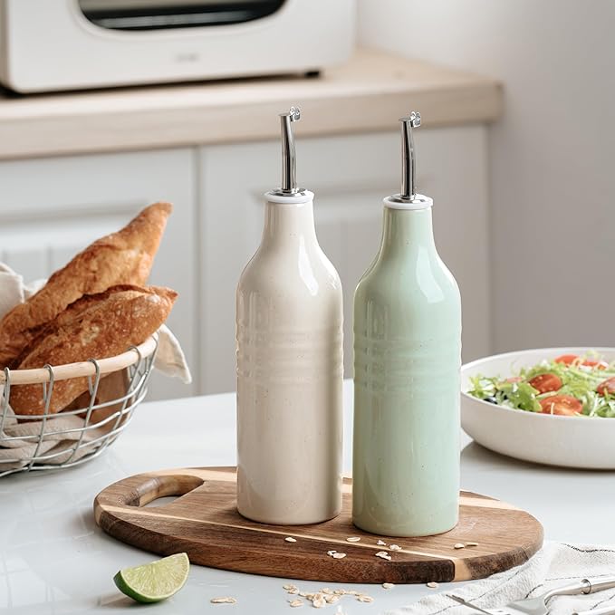 famiware Jupiter 16oz Ceramic Olive Oil Dispenser Bottle, Olive Oil and Vinegar Dispenser Bottle Set of 2 with Stainless Steel Pourers, Suitable for Storage Vinegar, Vanilla White & Light Green-Ruum Studio Home