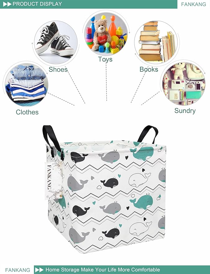 FANKANG Square Nursery Hamper Storage Bins Canvas Laundry Basket Foldable with Waterproof PE Coating Storage Baskets Gift Baskets for Children, Office, Bedroom, Clothes(Square-whales )-Ruum Studio Home