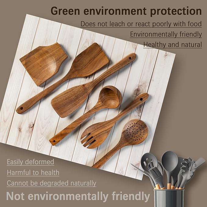 Wooden Spoons for Cooking, Nonstick Cooking Utensil Set with 5 Piece Acacia Wooden Spatulas and Spoons, as well as a Extra Whole Wood Spoon Rest, Terrific for Everyday Kitchen Tasks-Ruum Studio Home