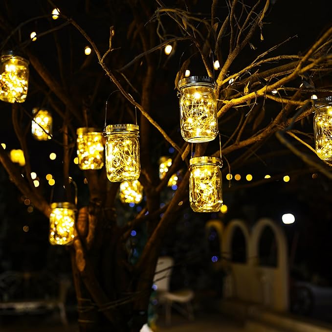 Cooo 12 Pack Solar Lanterns Outdoor Waterproof Upgraded Crystal Glass Solar Mason Jar Lights 30 LED 215% Larger SolarPanel, Anti-Rust Lid๏ผJust a Little More,Get Double The Delight-Warm White๏ผ