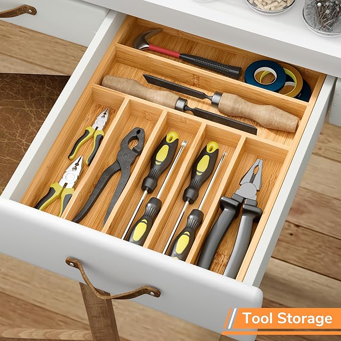 BAMEOS Bamboo Silverware Drawer Organizers, 11.9 inch Utensil Drawer Organizer for Kitchen Drawers, 7 Slots Total Large Flatware Organizer for Knives Cutlery Spoons Forks (Natural)-Ruum Studio Home