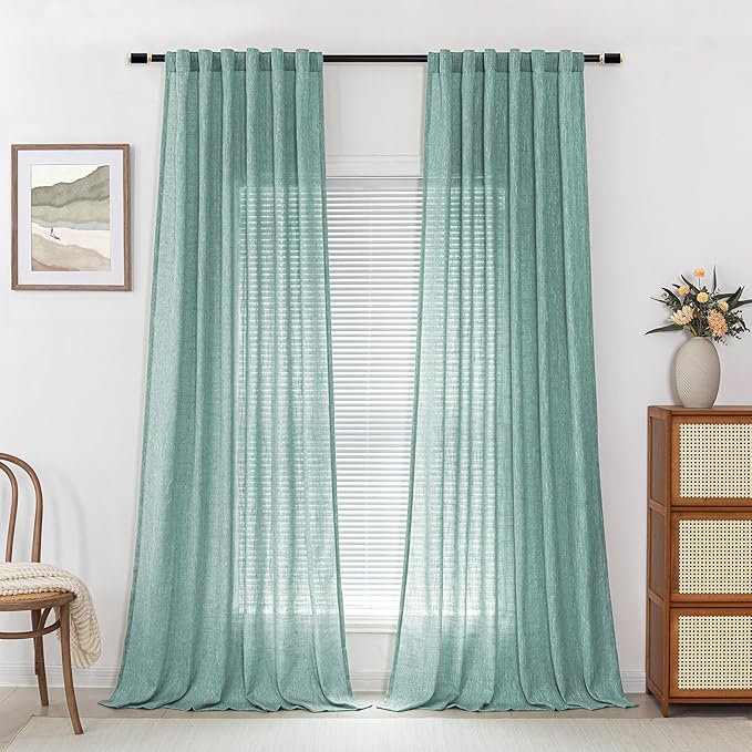 MYSKY HOME Semi Sheer Curtains for Sliding Door 95 Inches Long 2 Panels, Farmhouse Ceiling Curtains Living Room Light Filtering Back Tab Elegant Style Soft Fabric, 50" x 95", Turquoise, 2 Piece-Ruum Studio Home