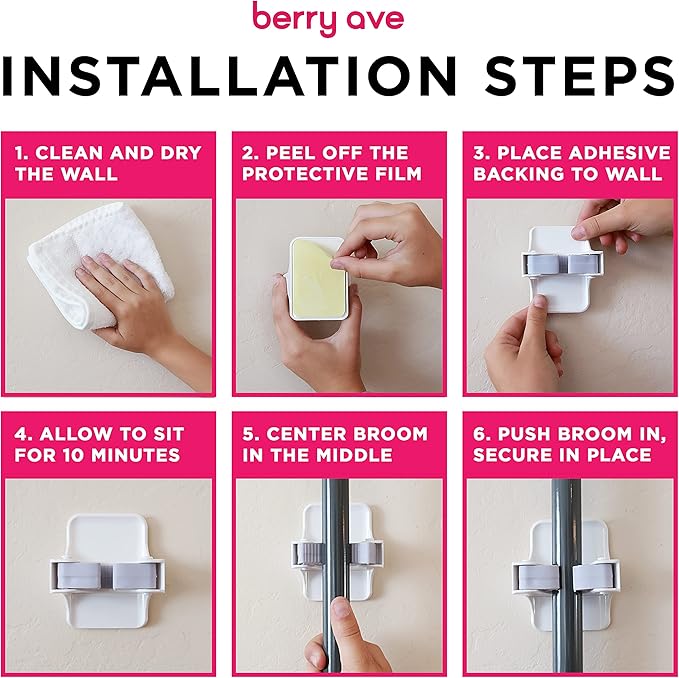 Combo 5 Slot Broom Holder w/ 1 Self Adhesive Mop Gripper No-Drilling, Wall Mount Tool Organizers For Kitchen, Garage, Laundry Room- Anti-Slip Hanger For Brooms, Mops, Rakes, Dustpans (Grey / White)-Ruum Studio Home