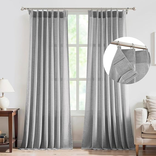 FMFUNCTEX Pinch Pleated Curtains 96 Inches Long for Living Room, Dove Grey Semi Sheer Faux Linen Textured Pleat Drapes for Bedroom with Hooks, Light Filtering Farmhouse Window Drapes 2 Panels-Ruum Studio Home