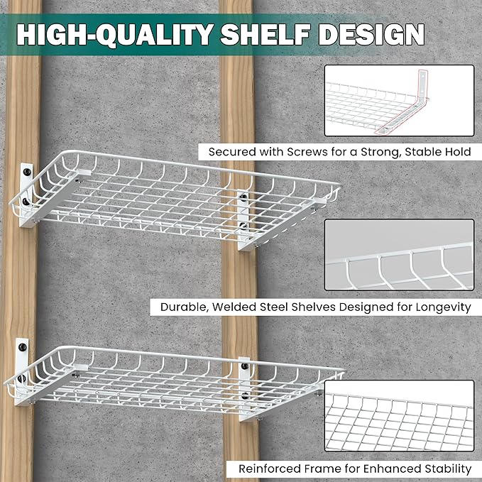 EVERHANGER Garage Wall Shelves 12x18 Inch, Wall Mounted Storage Shelf, Metal Shelf Rack, Heavy-Duty Shelf Organizer 2 Pack, White-Ruum Studio Home