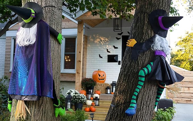 POPGIFTU 63" Crashing Witch Halloween Decoration – Flying Witch on Broom Into Tree Outdoor Yard Prop for Porch, Lawn, Garden, Pillars, Door, or Haunted House Decor-Ruum Studio Home