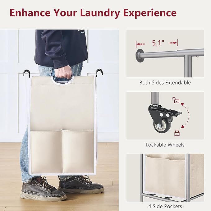Tajsoon Laundry Hamper with Hanging Rack, 3 Section Laundry Sorter with Heavy Duty Lockable Wheels, Laundry Basket Organizer for Dirty Clothes Storage, 3 Beige-Ruum Studio Home
