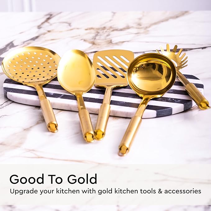 Gold Cooking Utensils Set – 5-Piece Stainless Steel Kitchen Tools for Modern Cooking and Serving – Dishwasher Safe Ladle, Spoon, Spatula, Pasta Fork, Luxury Brass Kitchen Accessories for Home Chefs-Ruum Studio Home