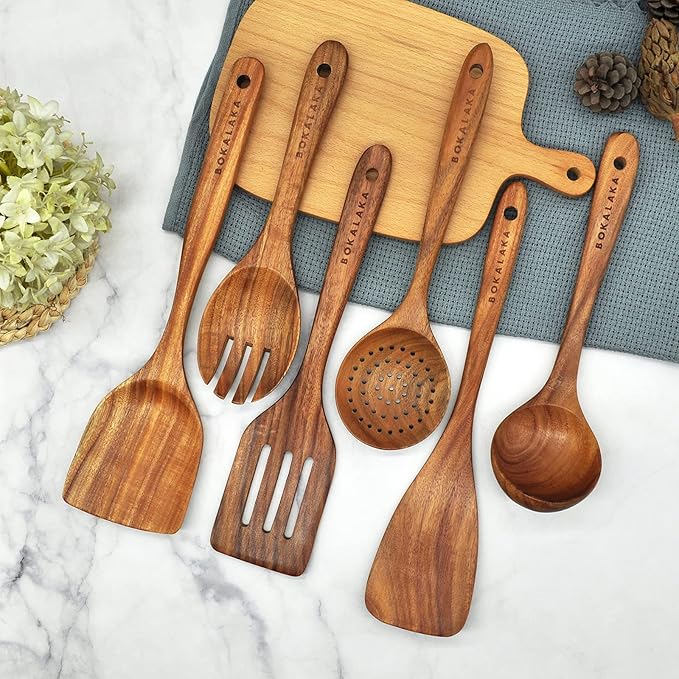 GreyWooden Kitchen Utensil Set, 6Pcs Wooden Cooking Utensils for Non-Stick Pan, 100% Natural Teak Wooden Spatula-Ruum Studio Home