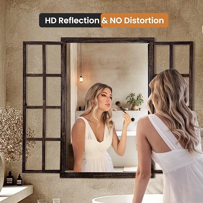 Wall Mirror with Window Design, 38"x26" Rustic Farmhouse Wood Mirror for Wall Decor, Decorative Vintage Mirror for Living Room, Bedroom, Entryway-Ruum Studio Home