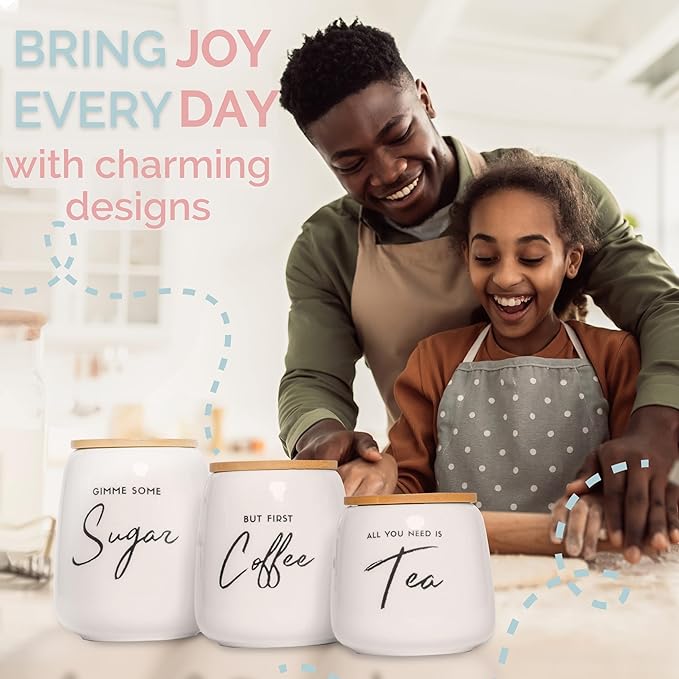 Coffee Tea and Sugar Ceramic Canister Set - 3-Piece Airtight Kitchen Canisters for Countertop - Coffee Bar Container Set-Ruum Studio Home
