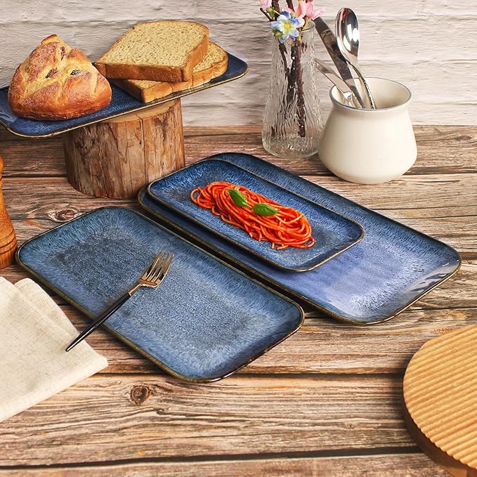 Ceramic Dinner Plates Dish Set,Set of 4, for Lunch snacks - Microwave, Oven & Dishwasher Safe,Scratch Resistant, Dinnerware Kitchen Porcelain Serving Dishes,Blue 12.4 Inch Rectangle plate-Ruum Studio Home