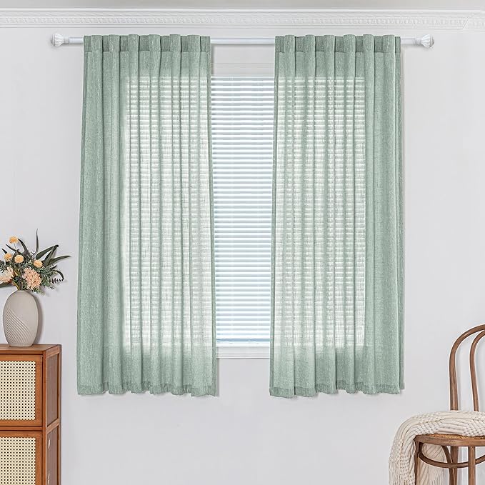 MYSKY HOME Semi Sheer Curtains for Bedroom, Kitchen Curtain Panels Cotton Polyester Blend Fabric Linen Look Texture Light Filtering Privacy Drapes, Farmhouse Home Decor, 50" x 63", Aqua, 2 Pieces-Ruum Studio Home