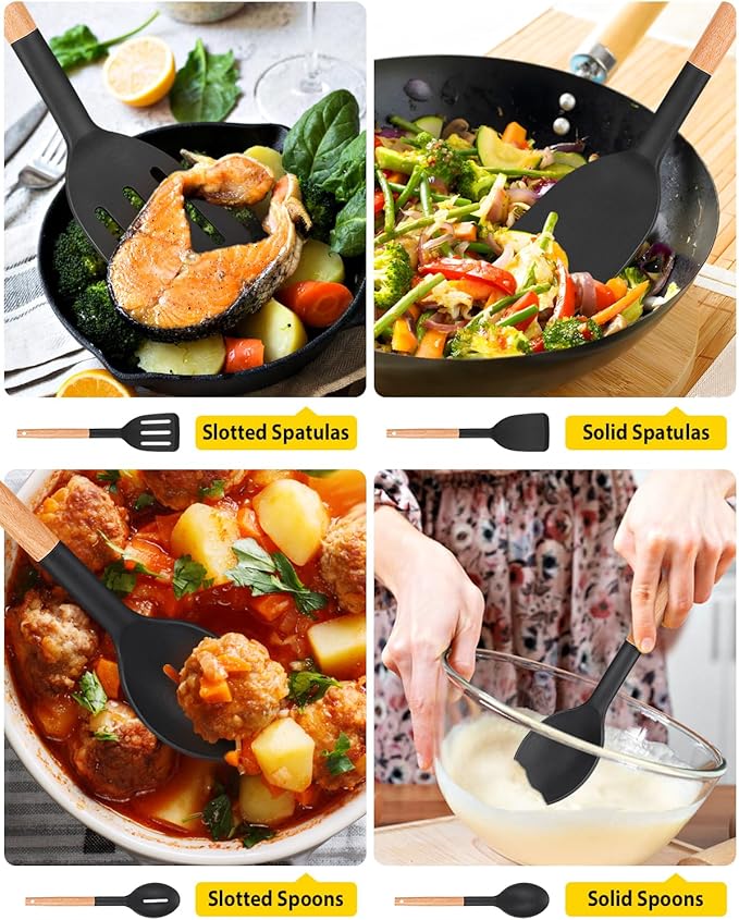 Pack of 4 Silicone Cooking Utensils Set, Non Stick Solid Spatulas and Heat Resistant Slotted Spoons with Wooden Handle, Ideal Wood Kitchen Utensils Set for Frying,Serving,Turning,Stirring (BLACK)-Ruum Studio Home