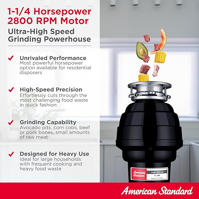 American Standard 10-US-AS-12 Garbage Disposal Anti-Jam Stainless Steel Food Waste Grinding System, Heavy Duty, 1.25 HP, Black-Ruum Studio Home