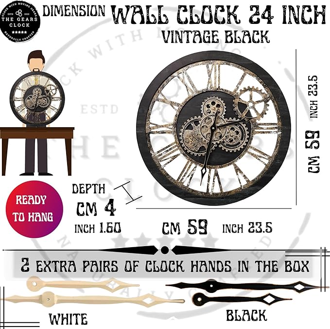 The Gears Clock The Original Real Moving Gear Wall Clock Vintage Industrial Oversized Rustic Farmhouse (24 inch (60cm), Vintage Black Wood and Bronze)-Ruum Studio Home