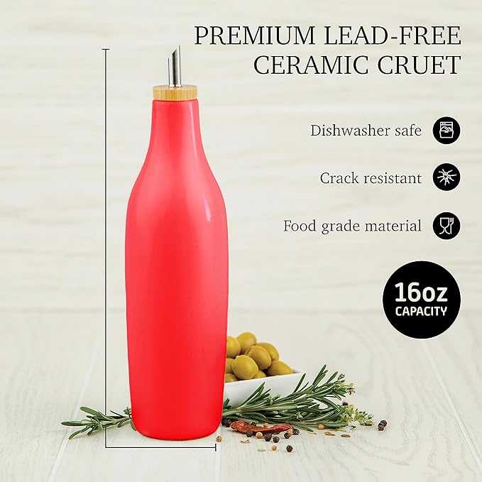 kitchentoolz Olive Oil Stoneware Dispenser Bottle, Ceramic 16 Oz Container for EVOO or Vinegar Kitchen Counter, Red-Ruum Studio Home