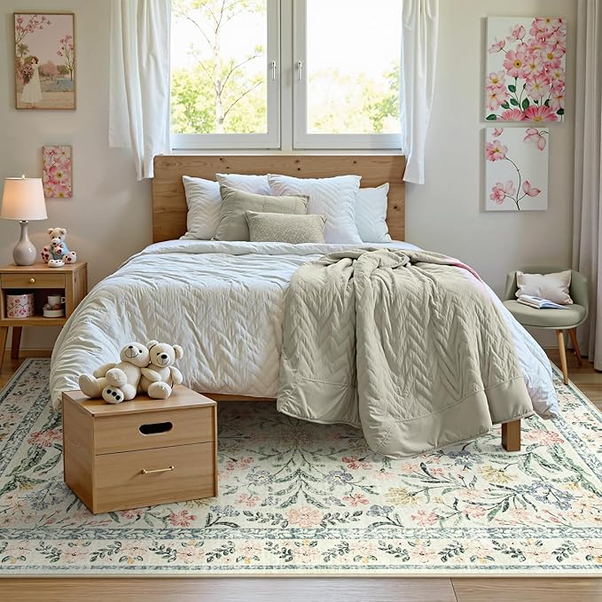 Wonnitar Washable 6x9 Area Rugs, Soft Floral Rug for Bedroom Kids Playroom Light Colored Carpet, Non Slip Ultra-Thin Indoor Beige Carpet for Living Room Classroom Office-Ruum Studio Home