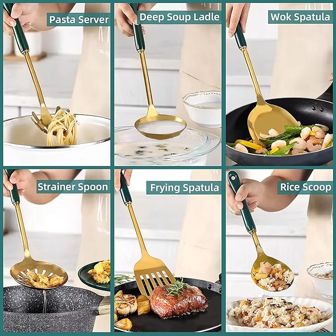 Generic Stainless Steel Kitchen Utensil Set, Spoon, Spatula, Pasta Server, Small Spatula (Black & Gold)-Ruum Studio Home