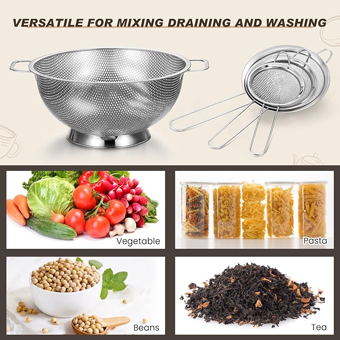 Norme 5 Quart Stainless Steel Silver Colander and 3 Pcs Silver Fine Mesh Strainer, Stainless Steel Pasta Rice Food Metal Strainer with Handles, Easy Clean and Dishwasher Safe-Ruum Studio Home