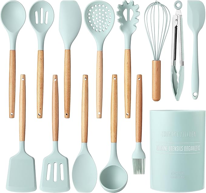 Country Kitchen Non Stick Silicone Utensil Set with Rounded Wood Handles for Cooking and Baking, 14 Piece Set, Mint-Ruum Studio Home